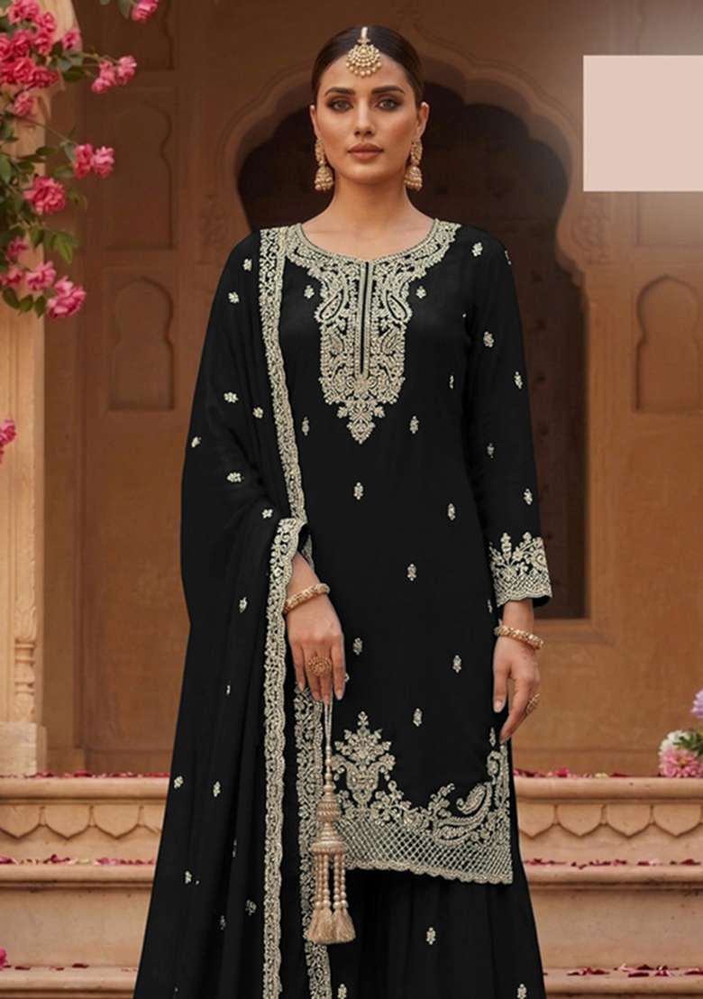 Black Embroidered Georgette Kurta Set - Indya