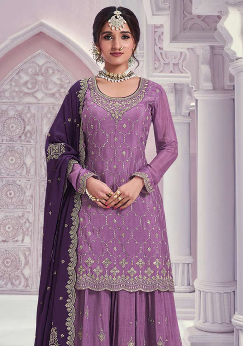 Purple Embroidered Silk Kurta Set - Indya