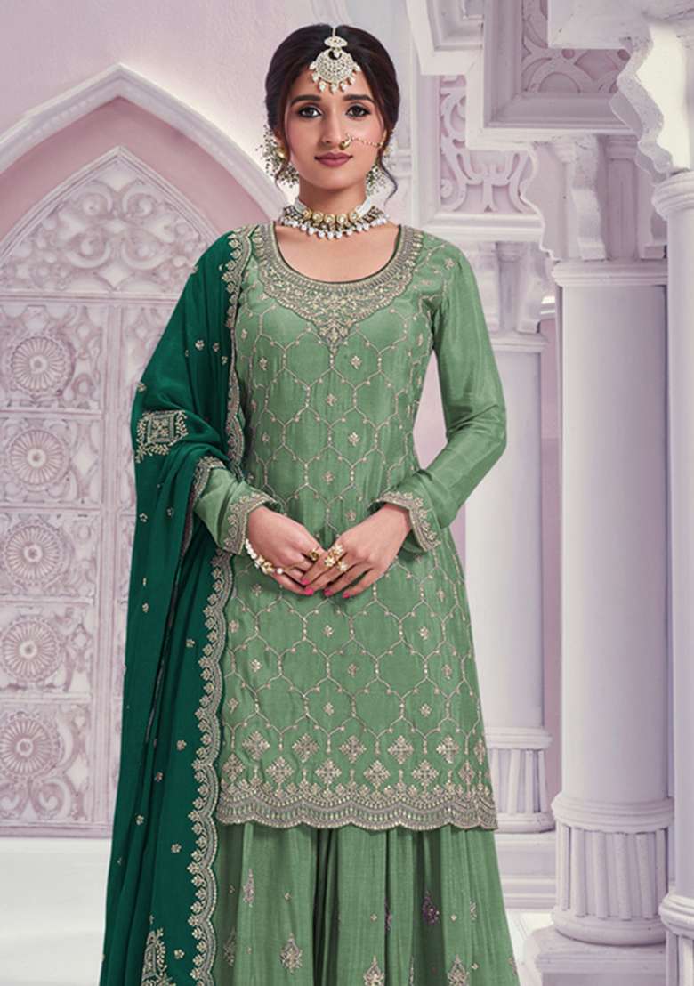 Green Embroidered Silk Kurta Set - Indya