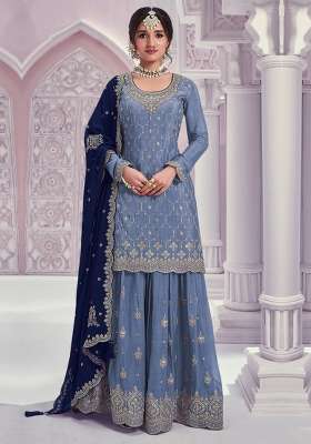 Sky Blue Embroidered Silk Kurta Set