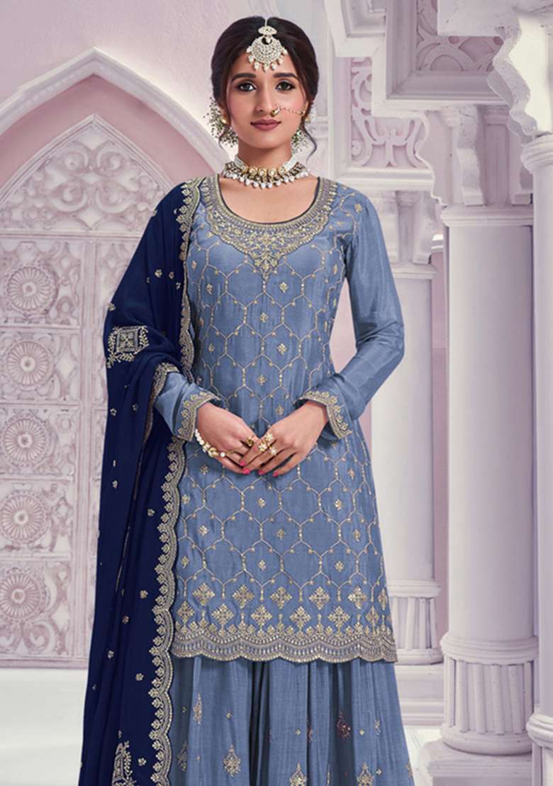 Sky Blue Embroidered Silk Kurta Set - Indya