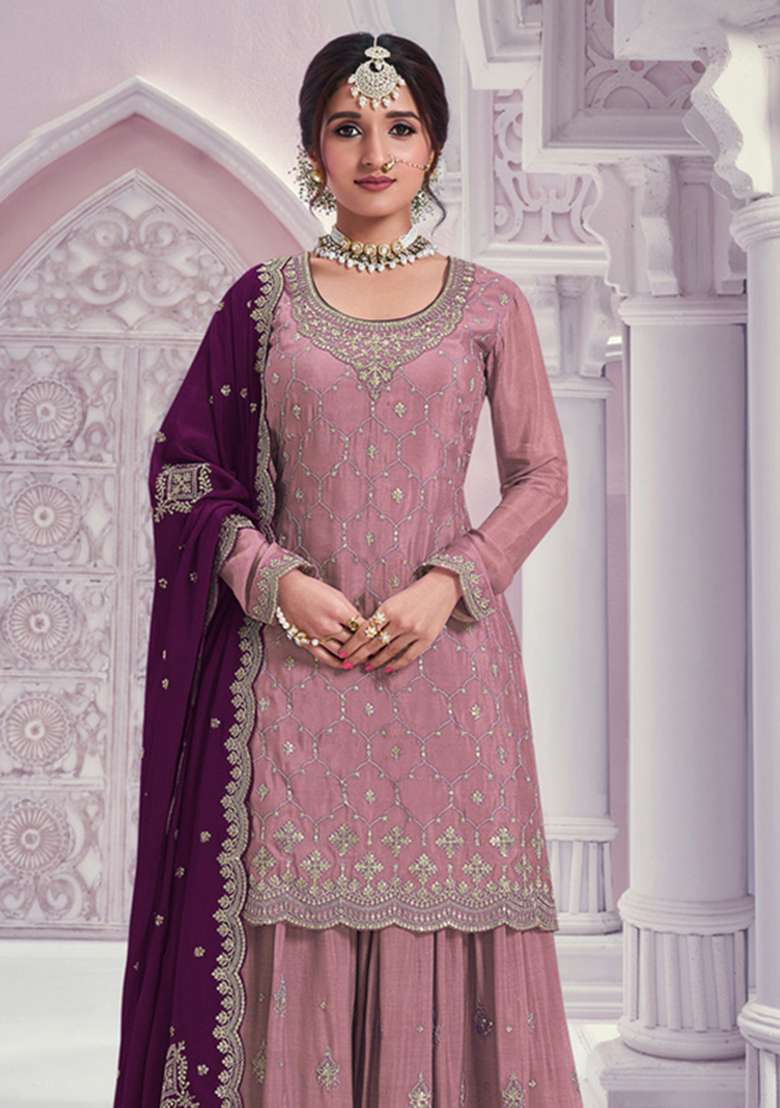 Peach Embroidered Silk Kurta Set - Indya