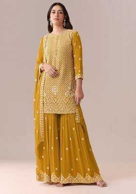 Yellow Embroidered Georgette Kurta Set