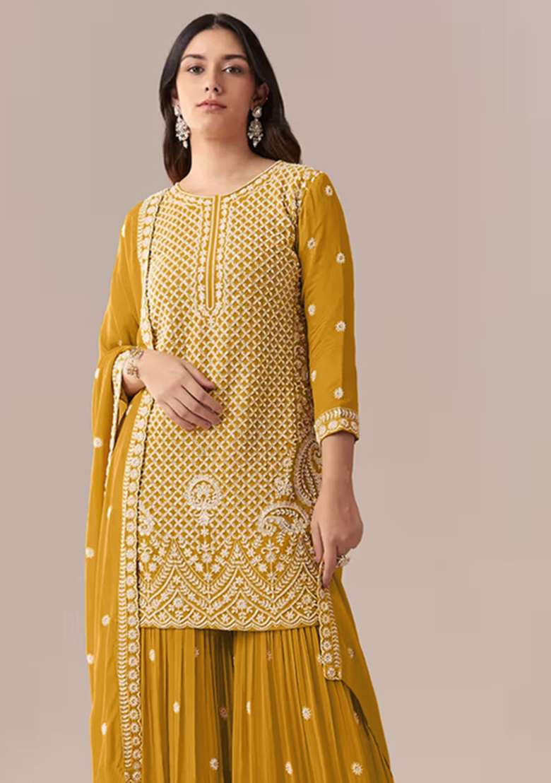 Yellow Embroidered Georgette Kurta Set - Indya