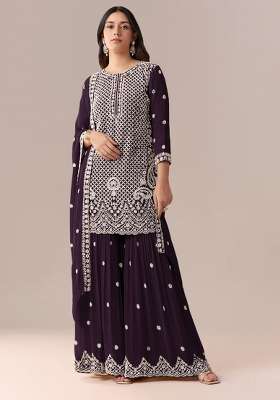 Purple Embroidered Georgette Kurta Set