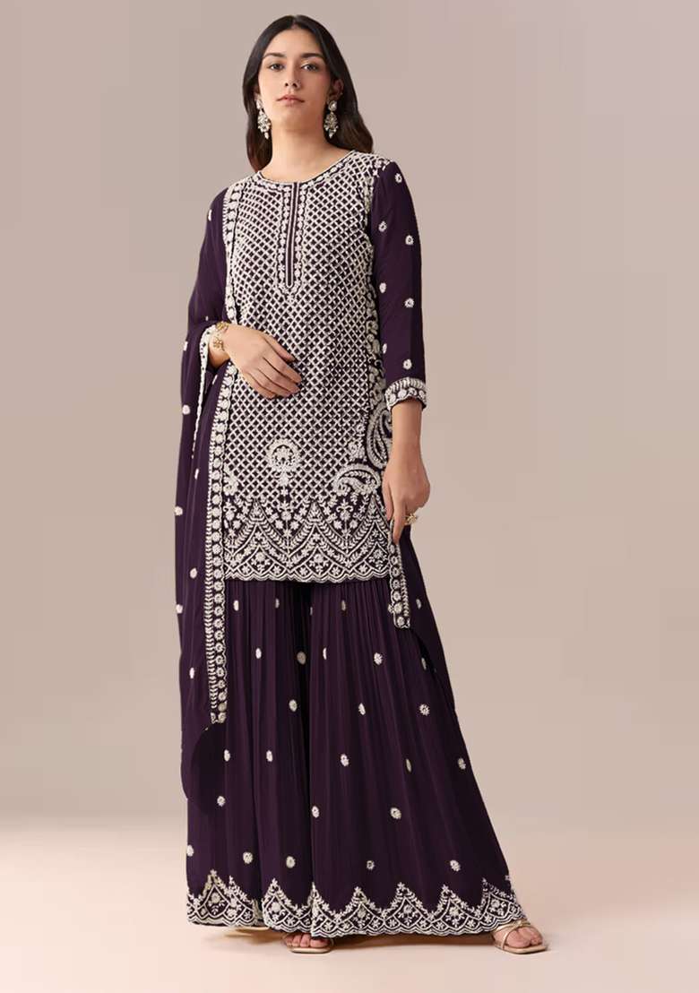 Purple Embroidered Georgette Kurta Set - Indya