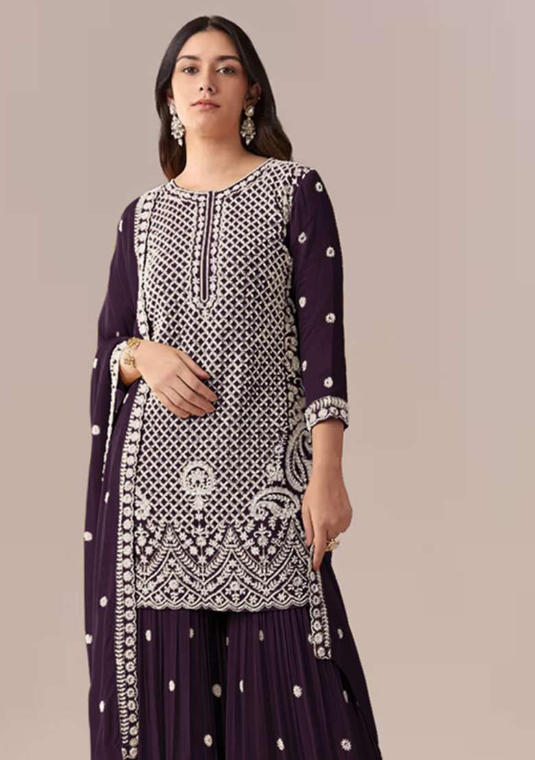 Purple Embroidered Georgette Kurta Set - Indya