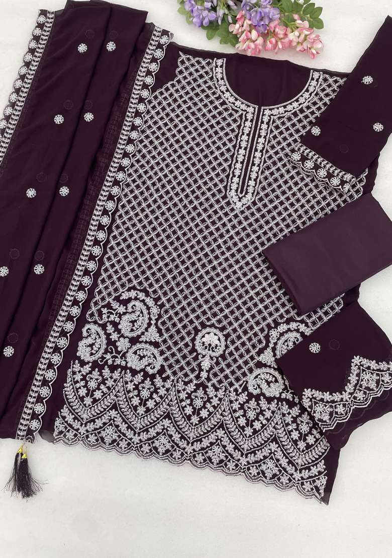 Purple Embroidered Georgette Kurta Set - Indya