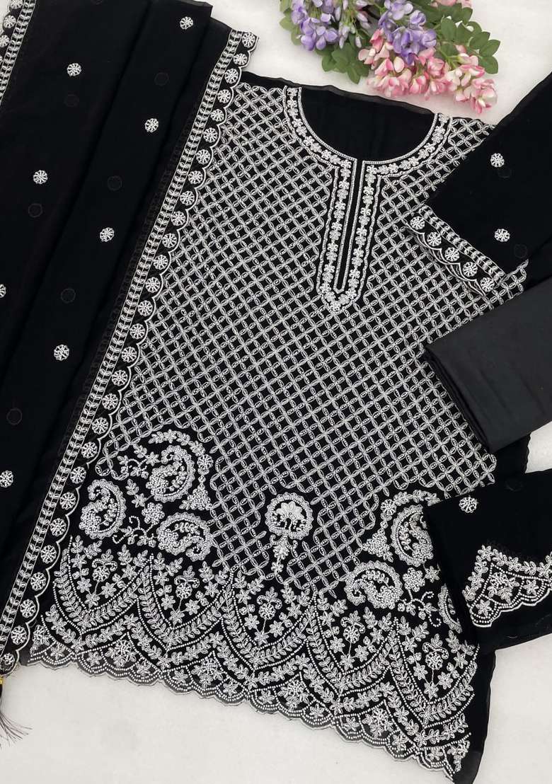 Black Embroidered Georgette Kurta Set - Indya