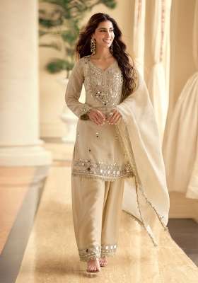 Cream Embroidered Silk Kurta Set