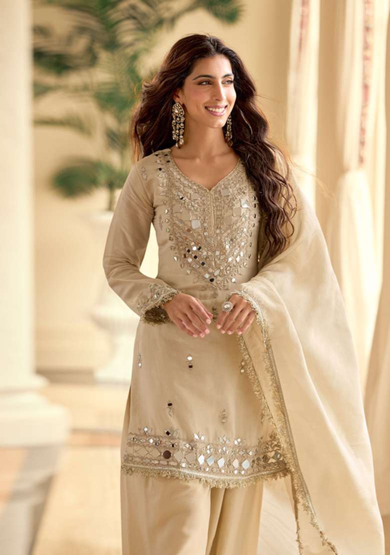 Cream Embroidered Silk Kurta Set - Indya