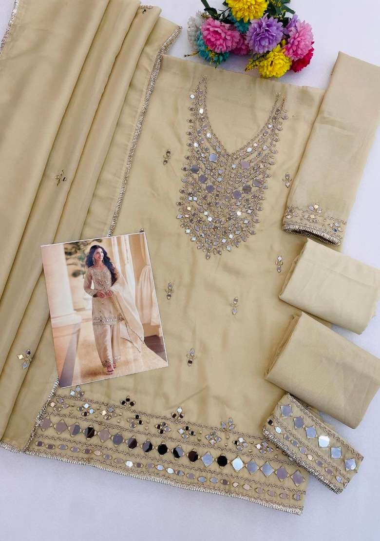 Cream Embroidered Silk Kurta Set - Indya