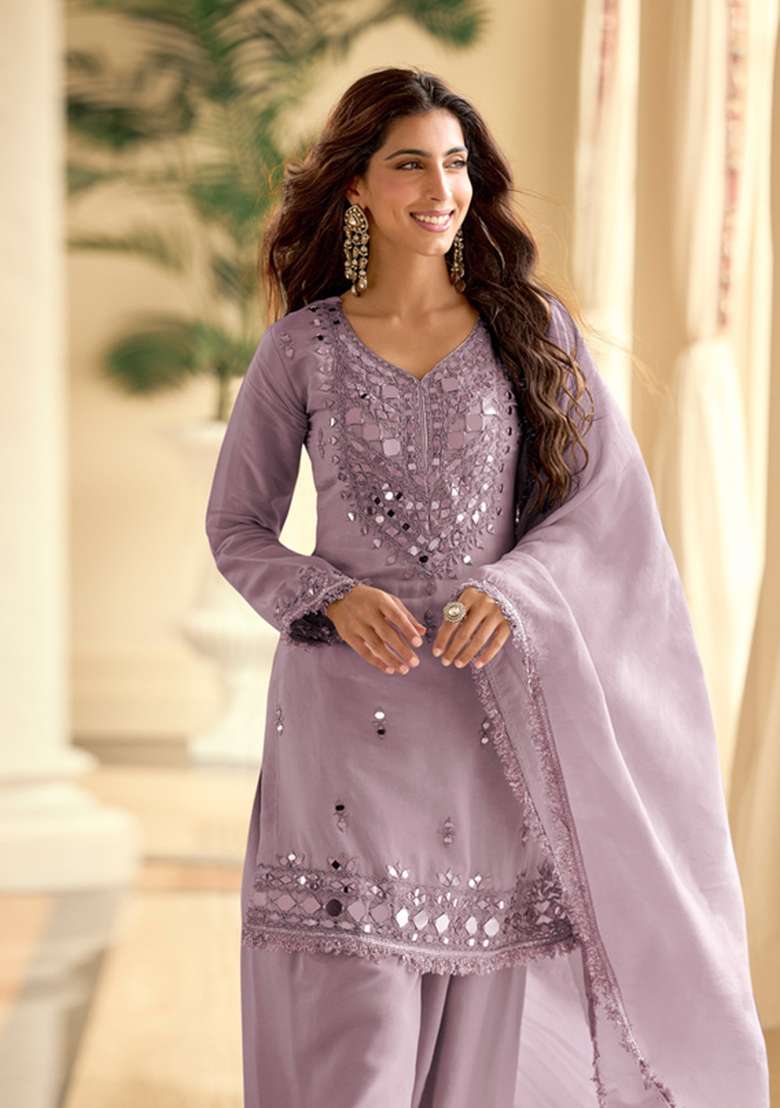 Purple Embroidered Silk Kurta Set - Indya