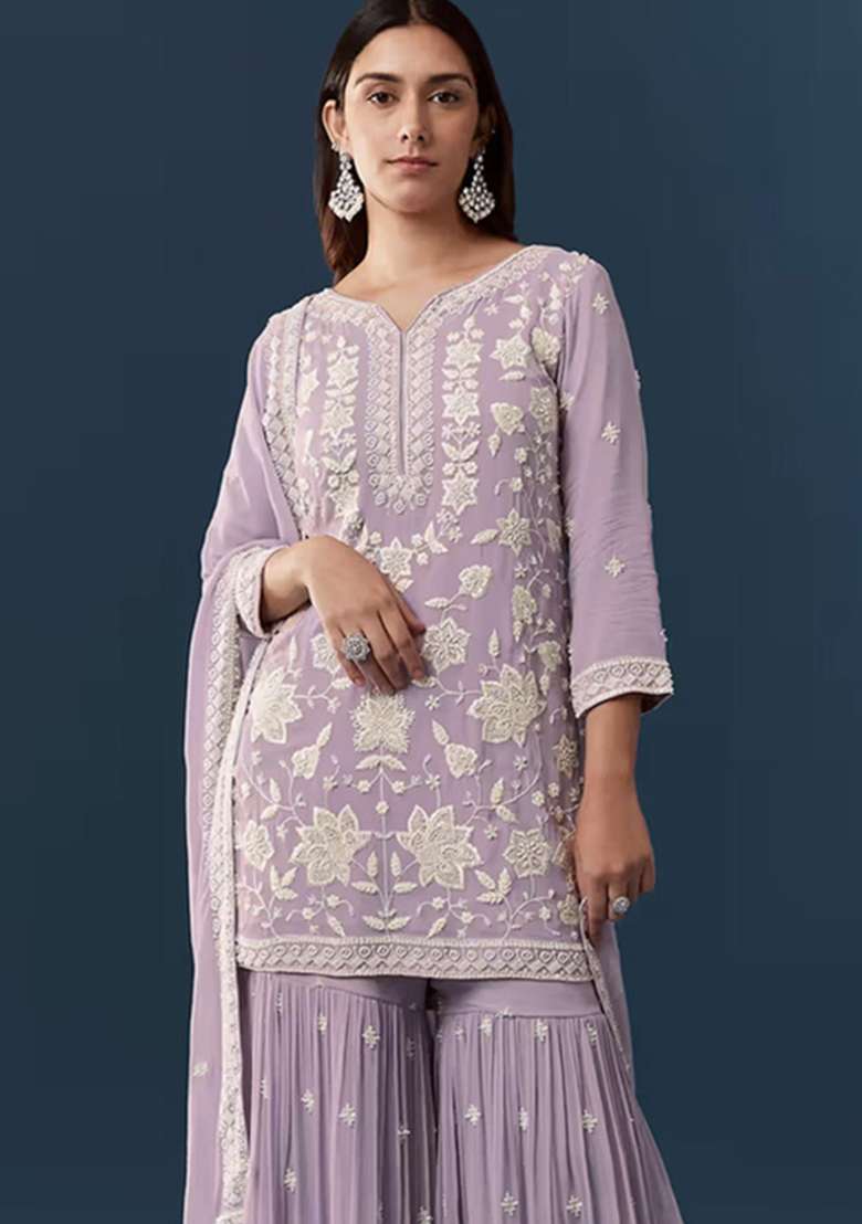 Purple Embroidered Georgette Kurta Set - Indya