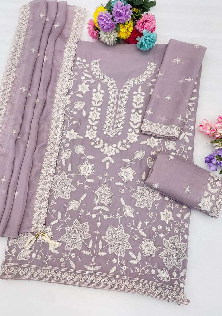 Purple Embroidered Georgette Kurta Set - Indya