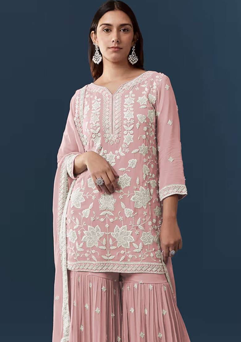 Peach Embroidered Georgette Kurta Set - Indya