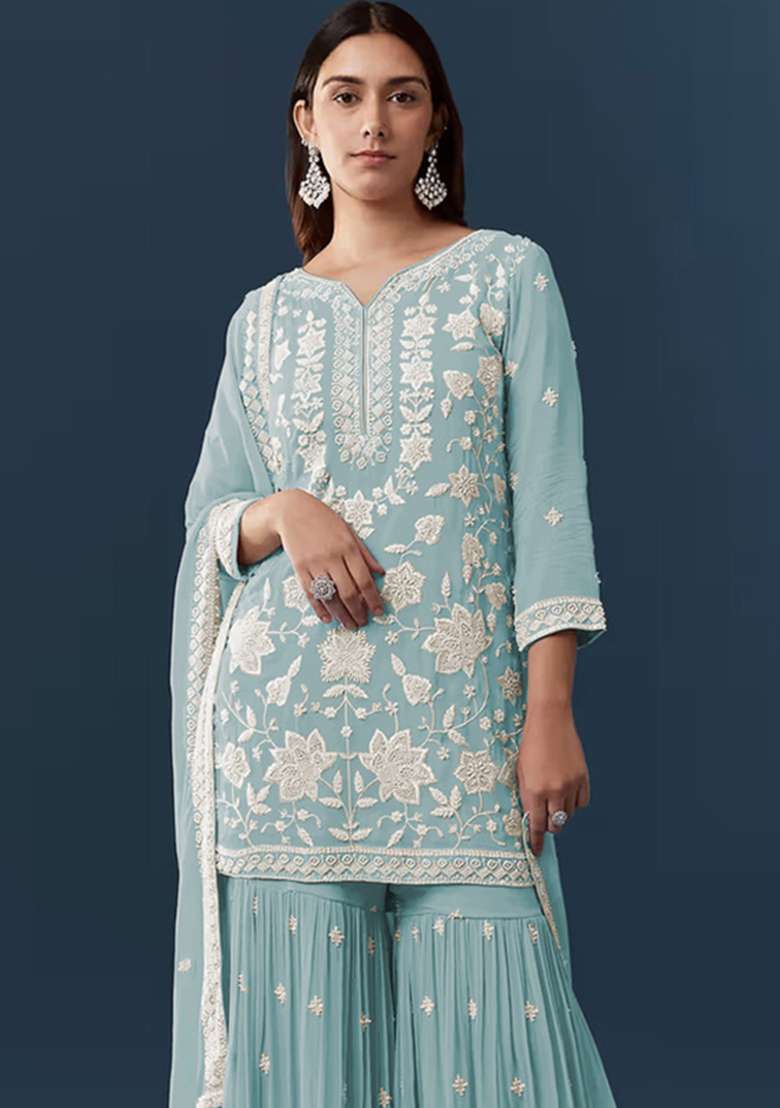 Pista Embroidered Georgette Kurta Set - Indya
