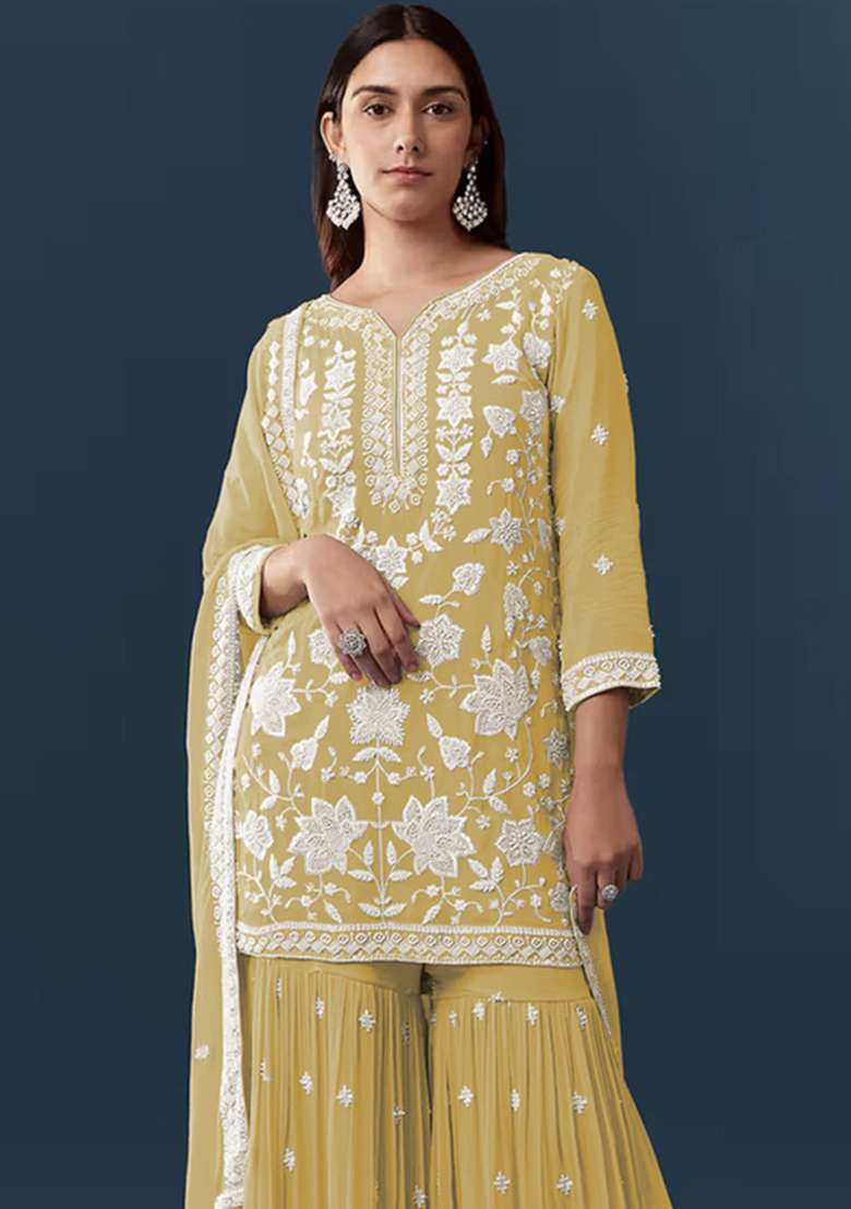 Yellow Embroidered Georgette Kurta Set - Indya
