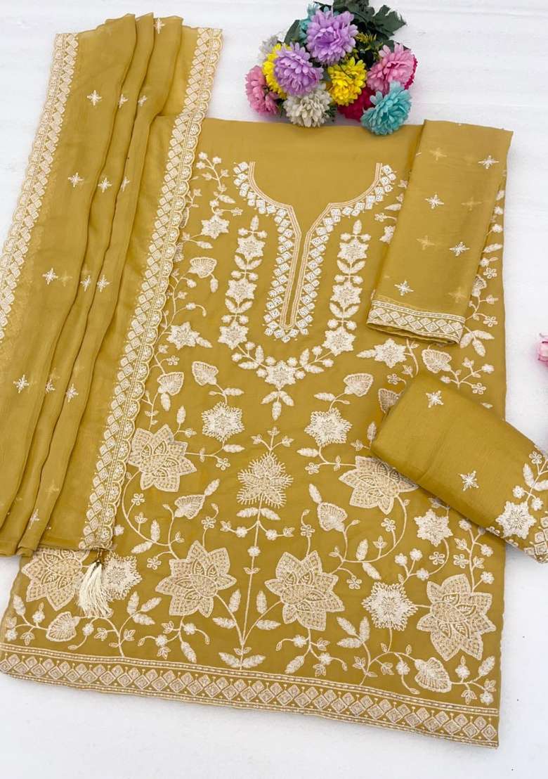 Yellow Embroidered Georgette Kurta Set - Indya