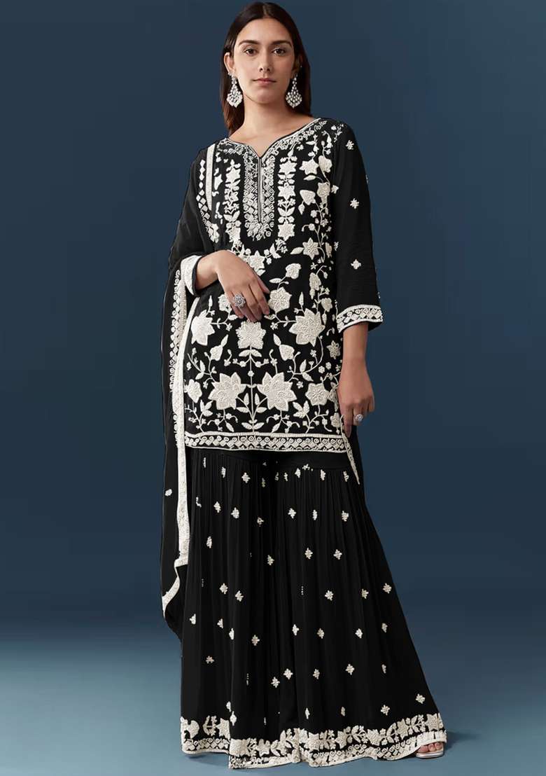 Black Embroidered Georgette Kurta Set - Indya