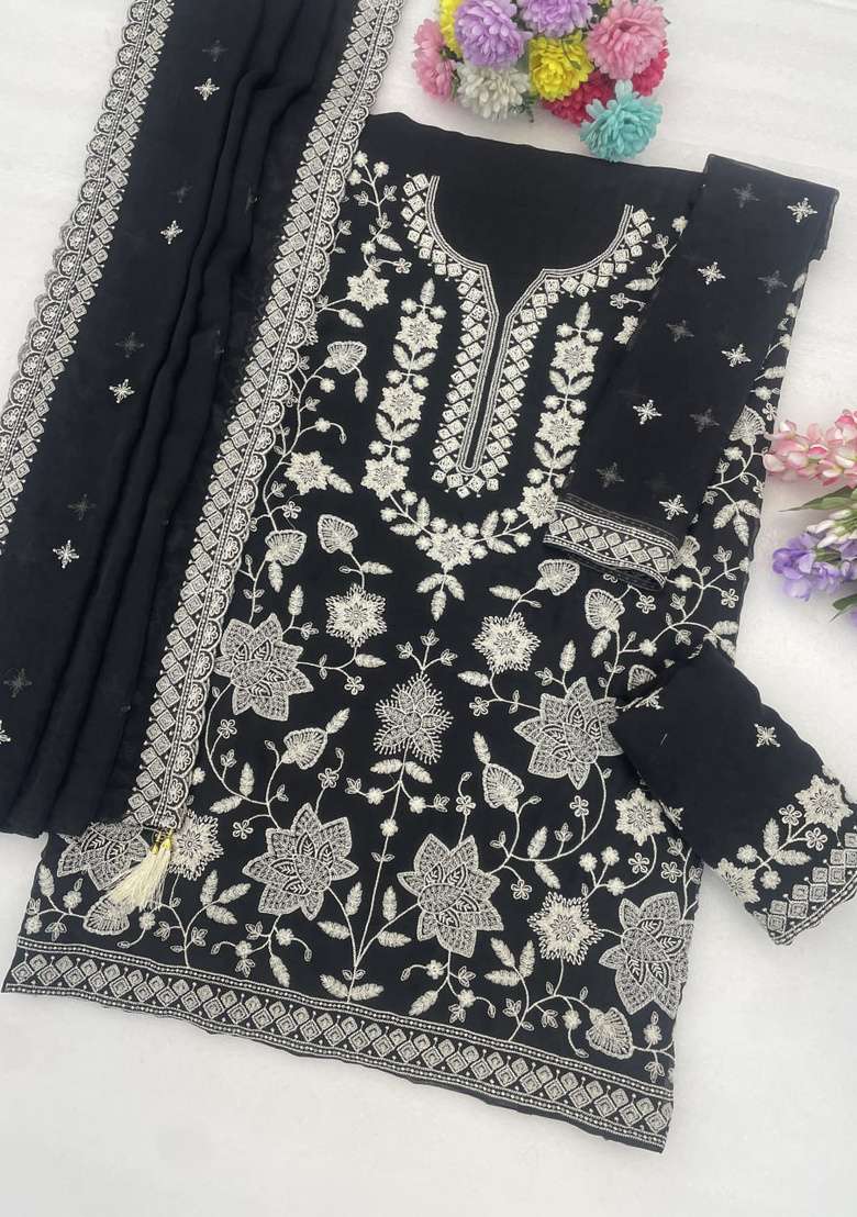 Black Embroidered Georgette Kurta Set - Indya
