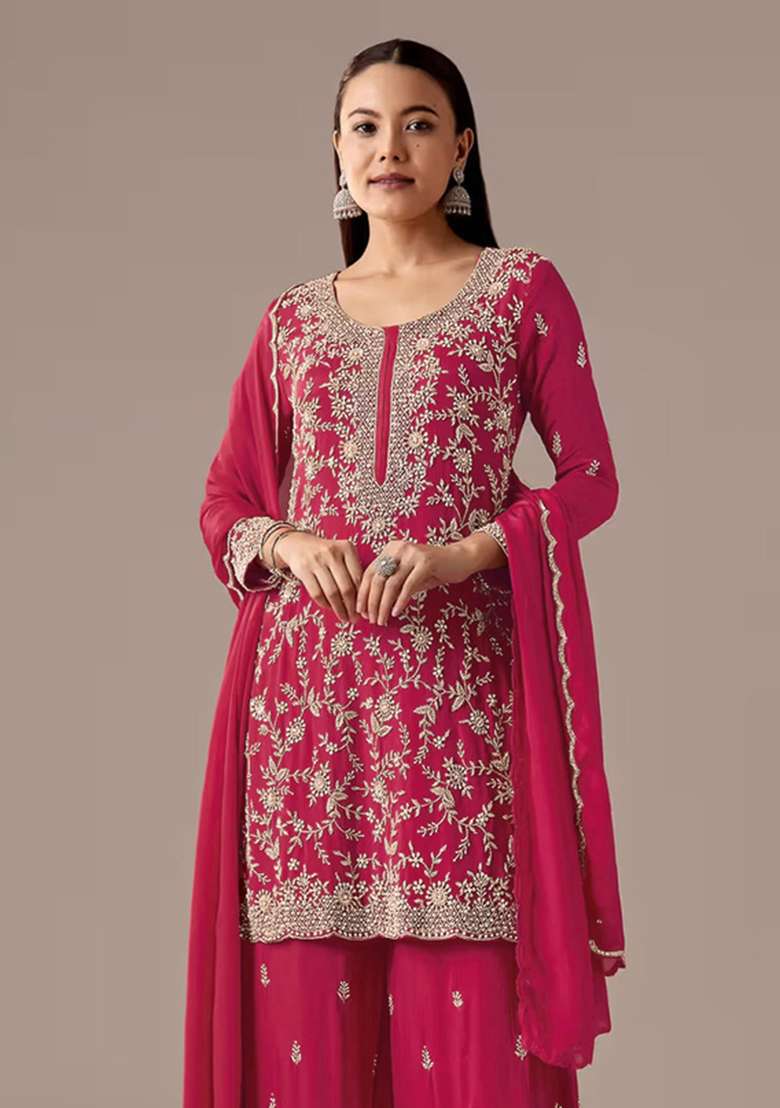 Pink Embroidered Georgette Kurta Set - Indya