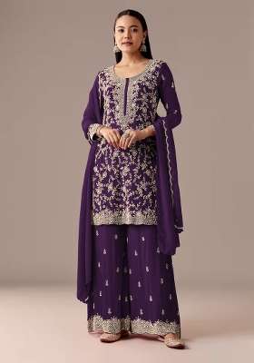 Purple Embroidered Georgette Kurta Set
