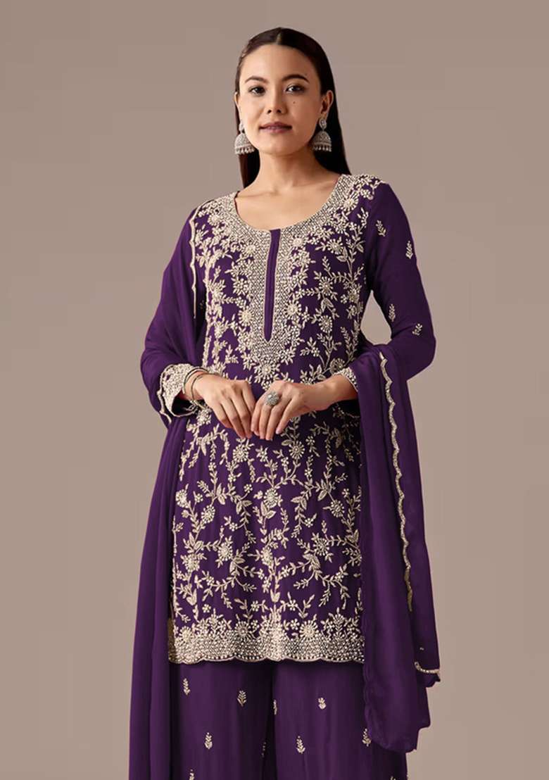 Purple Embroidered Georgette Kurta Set - Indya