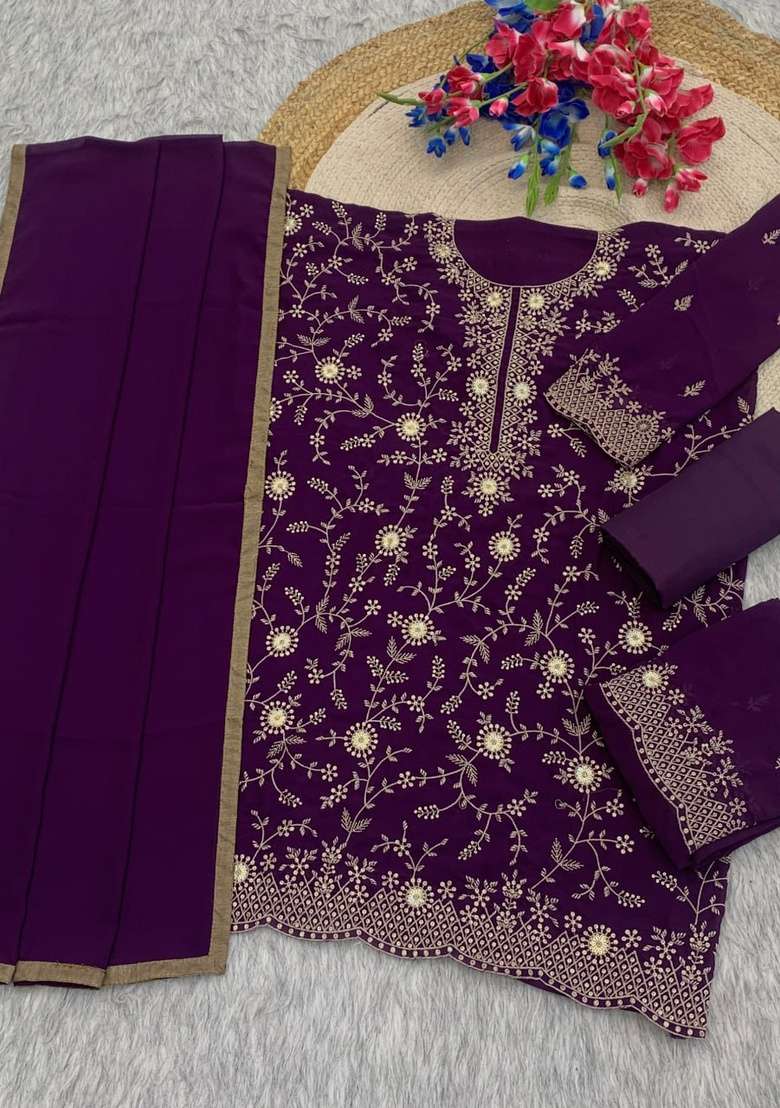 Purple Embroidered Georgette Kurta Set - Indya