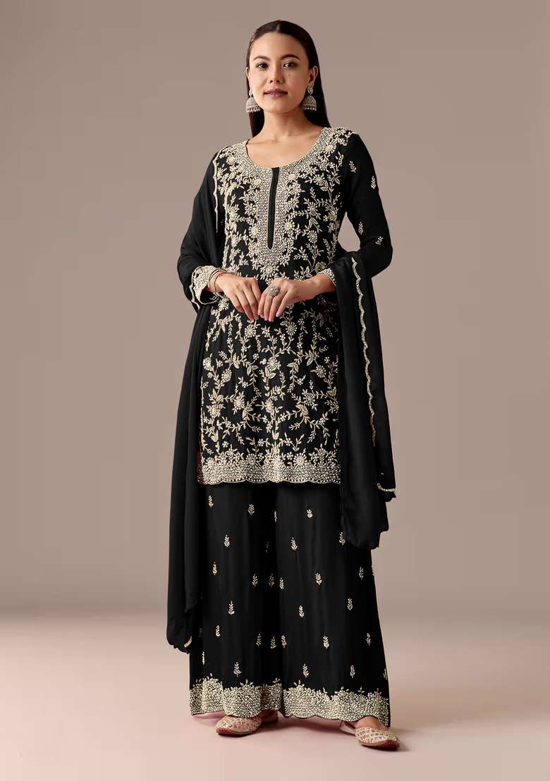 Black Embroidered Georgette Kurta Set - Indya