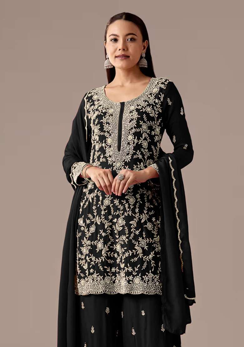 Black Embroidered Georgette Kurta Set - Indya