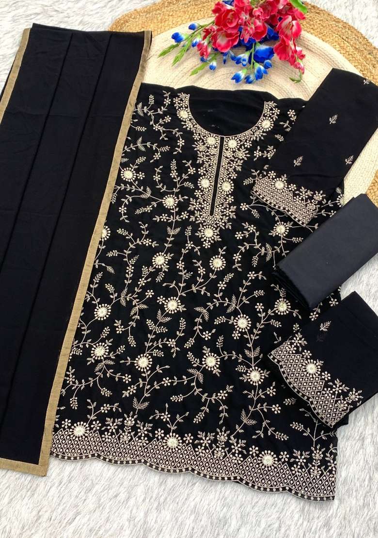 Black Embroidered Georgette Kurta Set - Indya