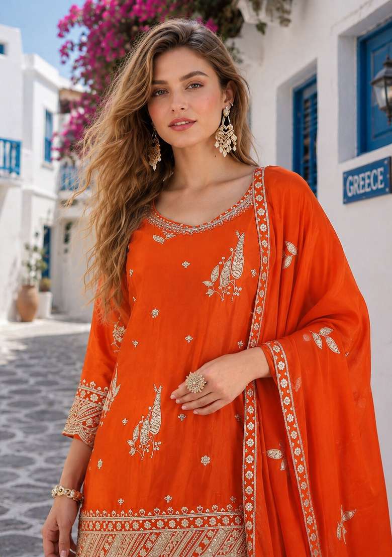 Orange Embroidered Silk Kurta Set - Indya