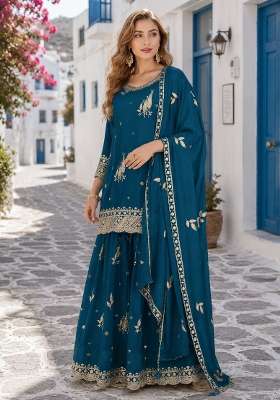 Teal Blue Embroidered Silk Kurta Set