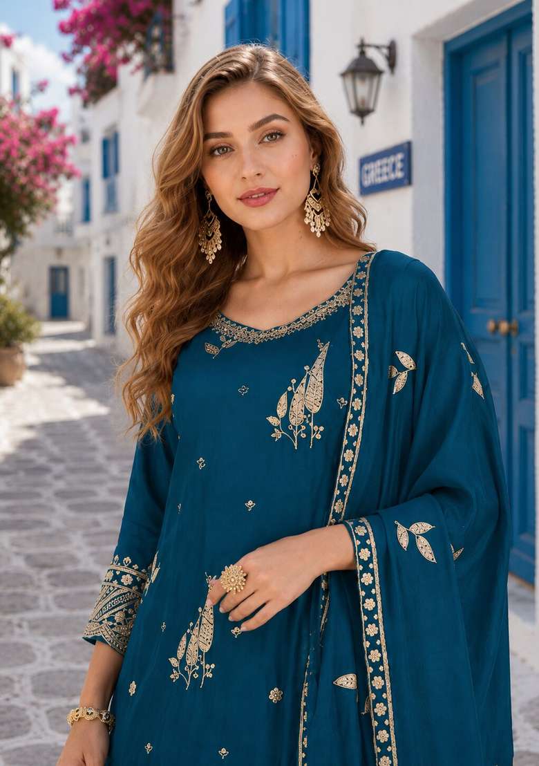 Teal Blue Embroidered Silk Kurta Set - Indya