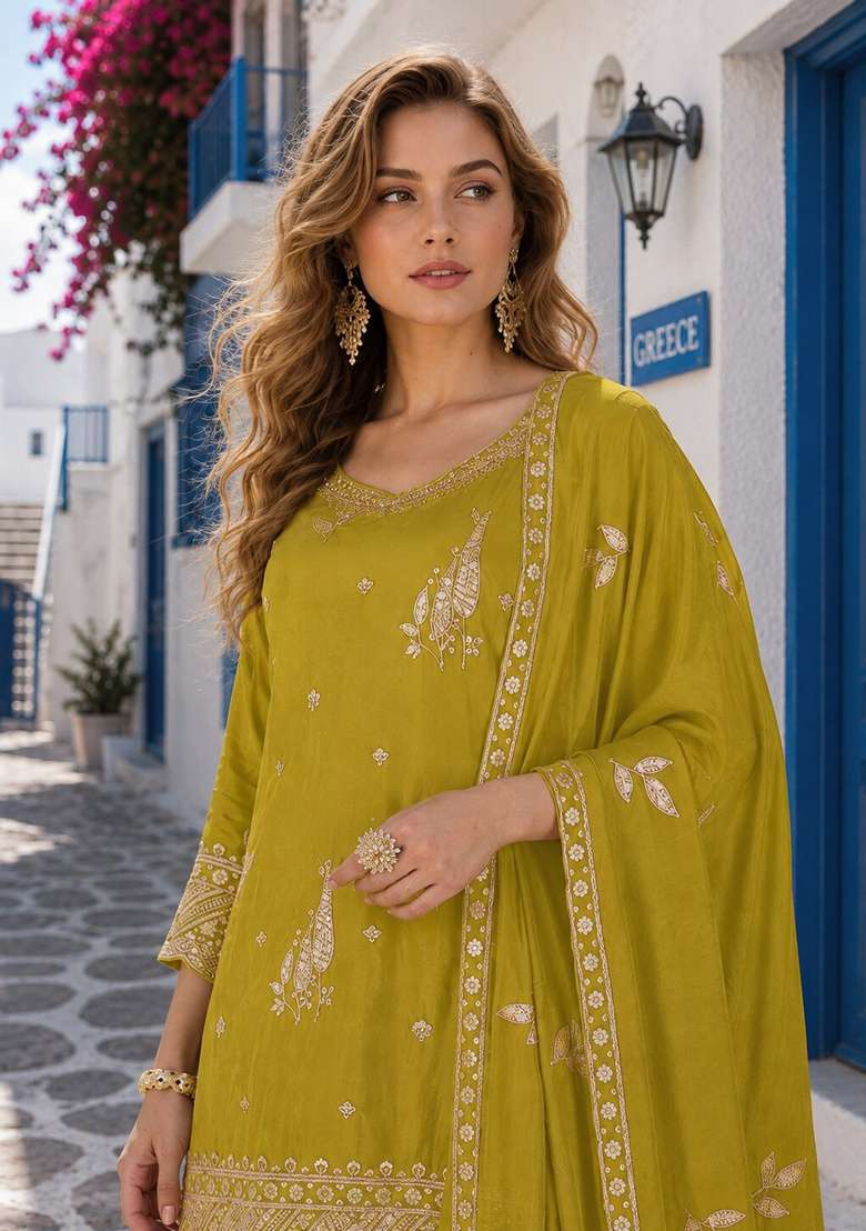 Mustard Embroidered Silk Kurta Set - Indya