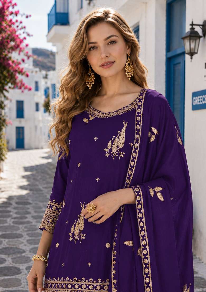 Violet Embroidered Shimmer Kurta Set - Indya