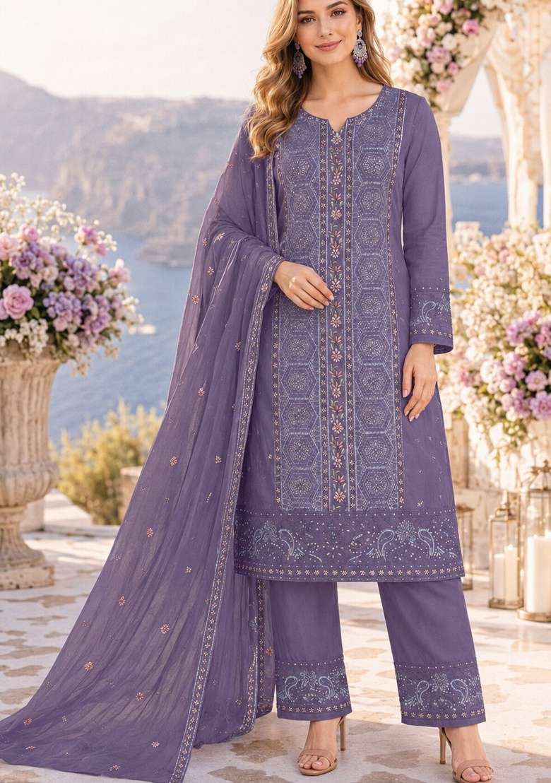 Purple Embroidered Chiffon Kurta Set - Indya