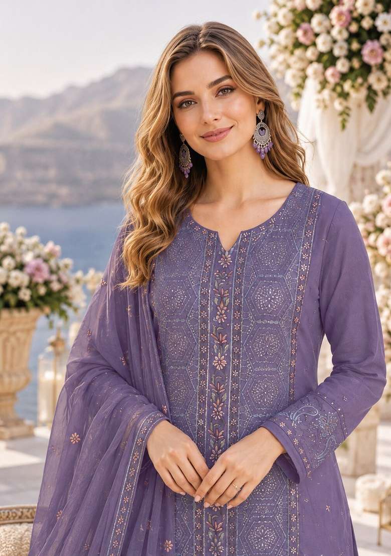 Purple Embroidered Chiffon Kurta Set - Indya
