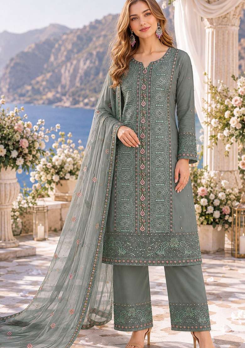 Olive Embroidered Chiffon Kurta Set - Indya