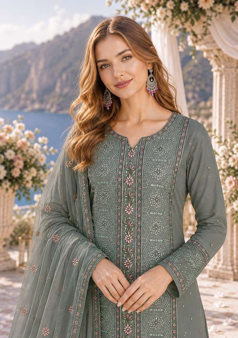Olive Embroidered Chiffon Kurta Set - Indya
