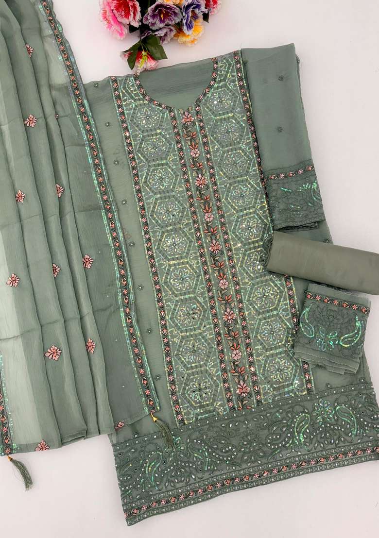 Olive Embroidered Chiffon Kurta Set - Indya