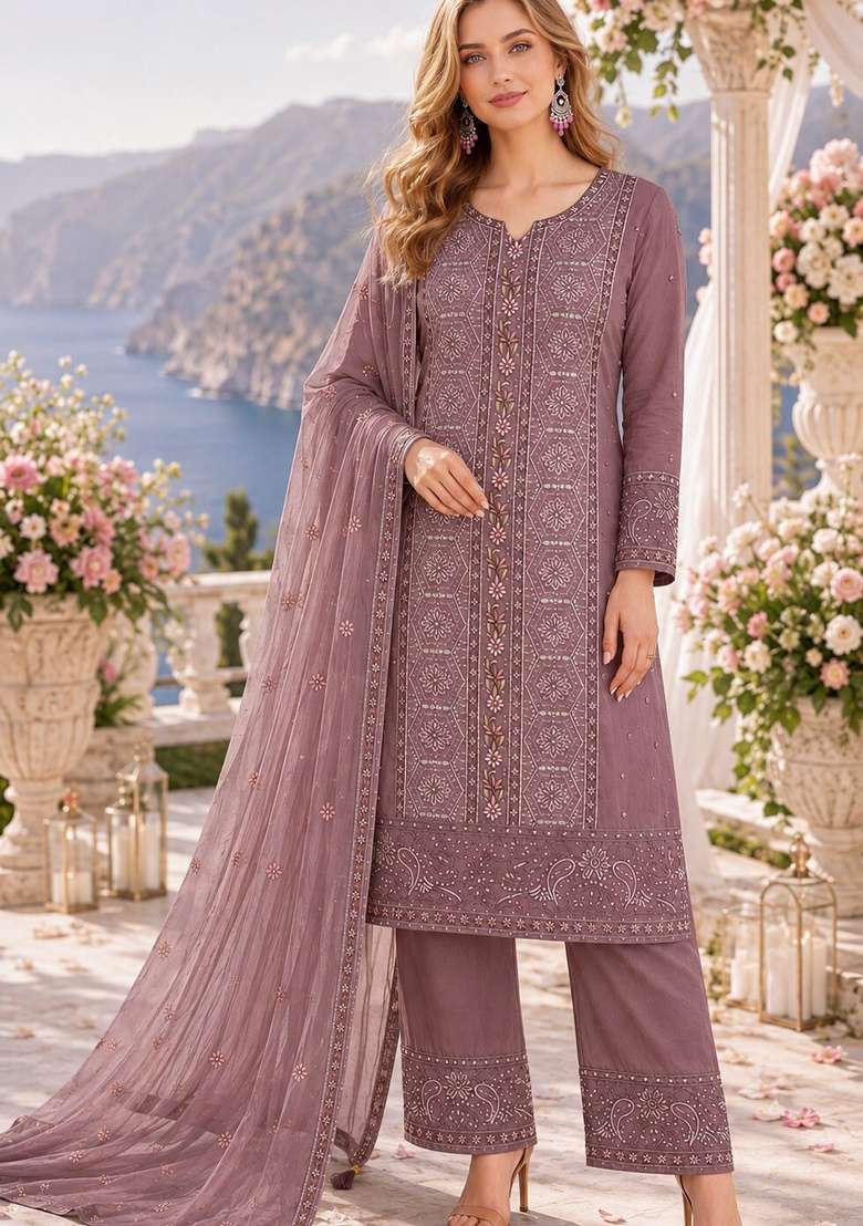 Brown Embroidered Chiffon Kurta Set - Indya