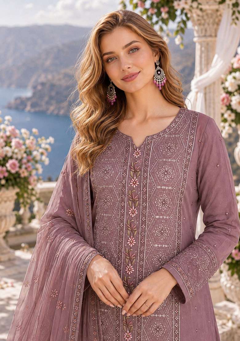 Brown Embroidered Chiffon Kurta Set - Indya