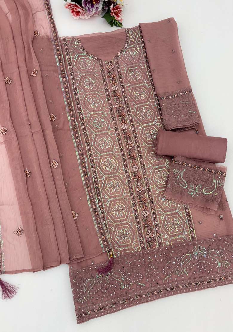 Brown Embroidered Chiffon Kurta Set - Indya