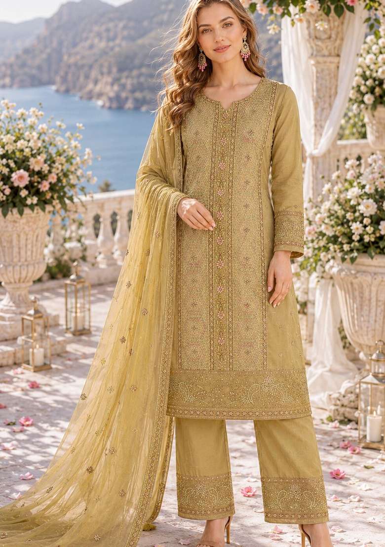 Yellow Embroidered Chiffon Kurta Set - Indya