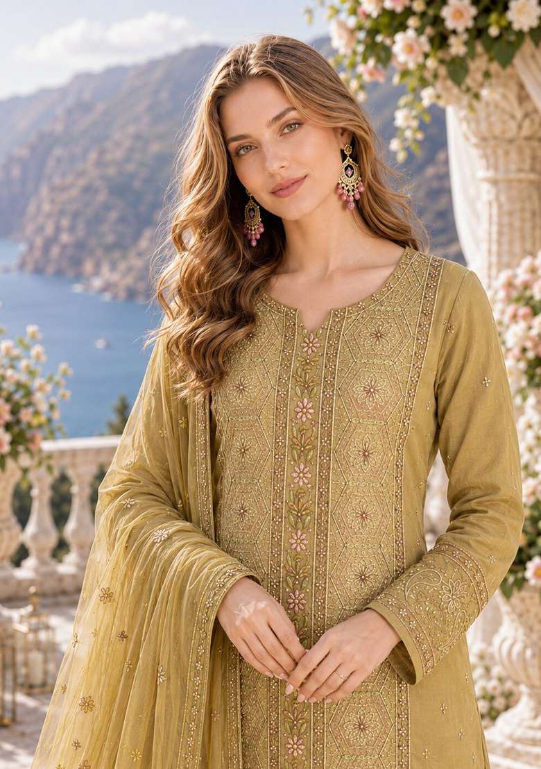 Yellow Embroidered Chiffon Kurta Set - Indya