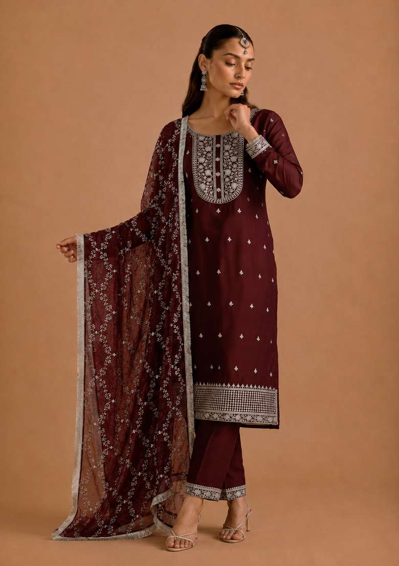 Maroon Embroidery Silk Sharara Set - Indya