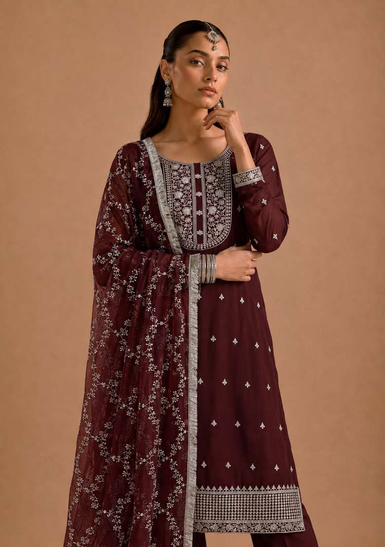 Maroon Embroidery Silk Sharara Set - Indya