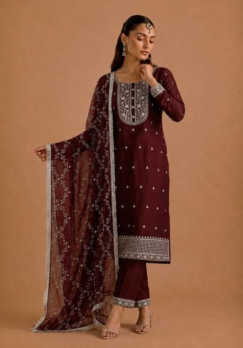 Maroon Embroidery Silk Sharara Set